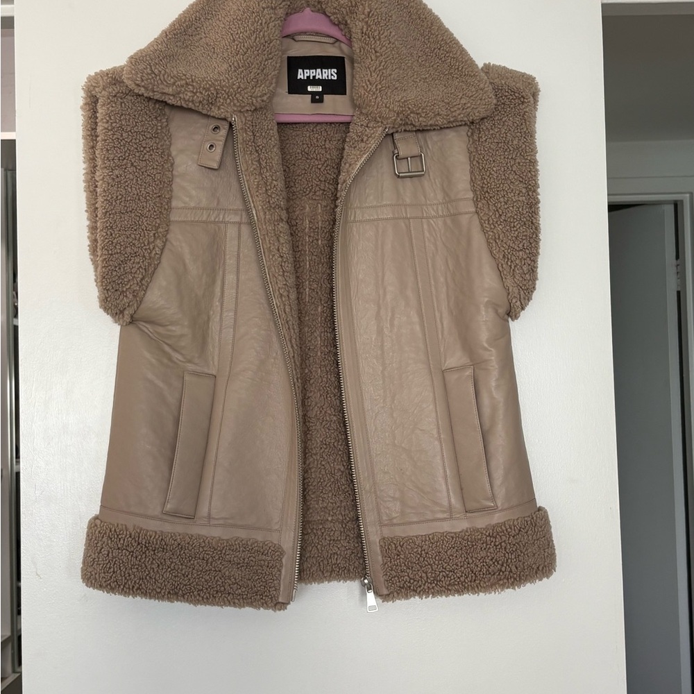 Apparis Taupe Faux-Leather Shearling-Trim Vest